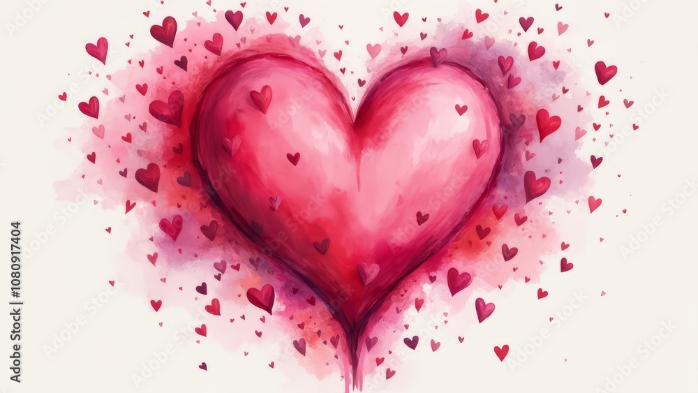 Watercolor postcard of a large pink heart and many small hearts on a white background. Congratulations on Valentine's Day. Watercolor postcard of a large pink heart and many small hearts on a white background. Congratulations on Valentine's Day.