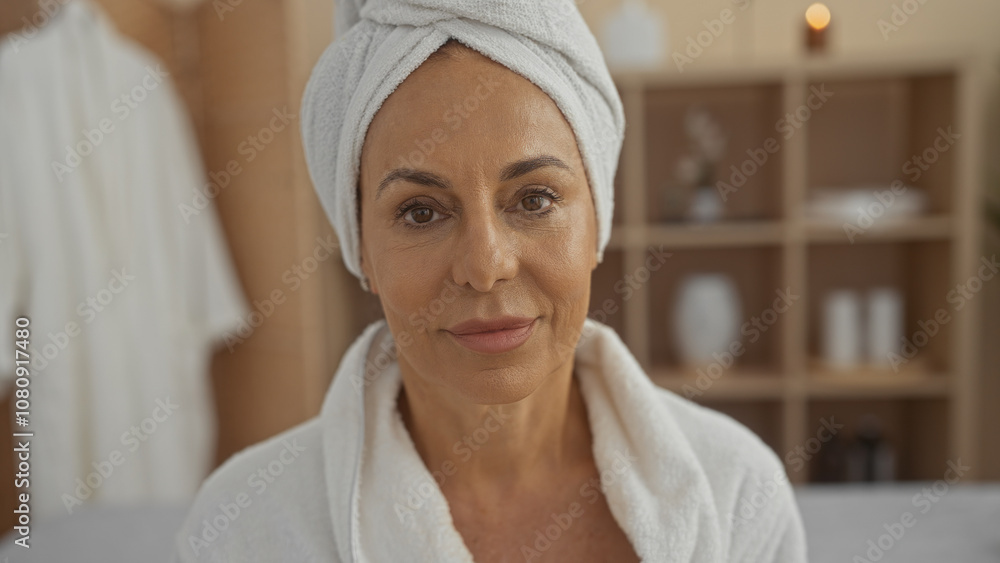 Beautiful mature hispanic woman in a spa room with a towel wrapped around her head enjoying a serene beauty treatment. Beautiful mature hispanic woman in a spa room with a towel wrapped around her head enjoying a serene beauty treatment.