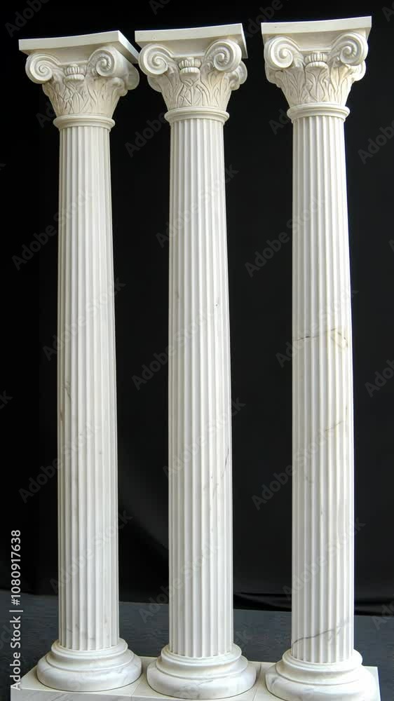 Three white marble columns stand tall against a black background