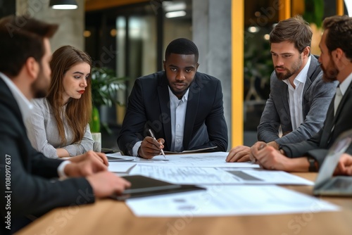 In a dynamic business meeting, diverse professionals collaborate effectively towards shared objectives, fostering innovation and enhancing creativity and productivity in the workplace