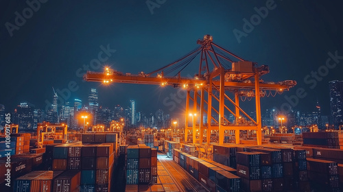 Night at the Docks: Cargo Containers and Cranes under City Lights 