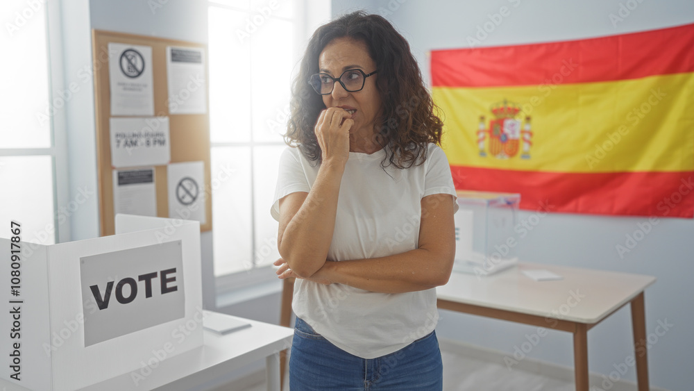 Woman voting indoors at election booth with spanish flag in background, expressing concern during the electoral process Woman voting indoors at election booth with spanish flag in background, expressing concern during the electoral process