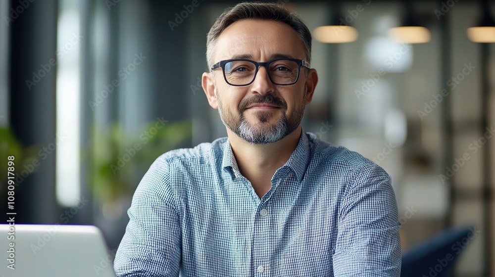 Confident businessman working on a laptop at a modern desk, showcasing a professional demeanor in a well-lit office environment with a serene backdrop. Confident businessman working on a laptop at a modern desk, showcasing a professional demeanor in a well-lit office environment with a serene backdrop.