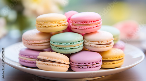 Assorted Colorful Macarons Stacked on Plate – Sweet and Elegant Treat in Pastel Colors