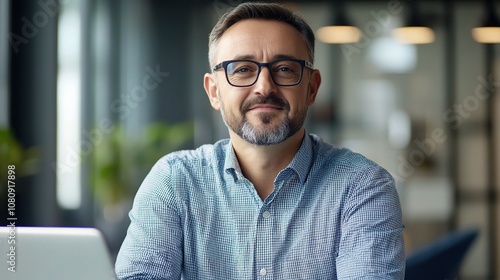 Confident businessman working on a laptop at a modern desk, showcasing a professional demeanor in a well-lit office environment with a serene backdrop.