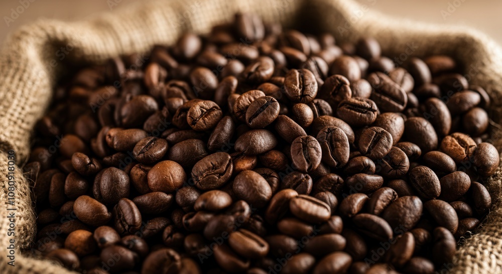 Obraz premium Aromatic coffee beans in burlap sack up close
