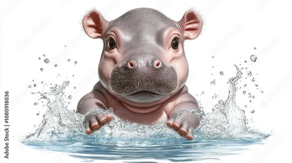 Playful Young Hippo Splashes Water While Swimming, Adorable Animal in Aqua Environment, Captivating Moment of Nature's Wildlife Playful Young Hippo Splashes Water While Swimming, Adorable Animal in Aqua Environment, Captivating Moment of Nature's Wildlife