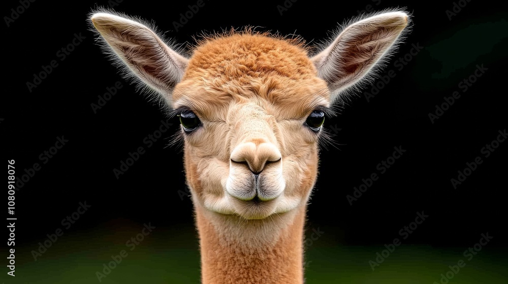 Obraz premium A close-up portrait of a baby alpaca with a curious expression looking directly at the camera Its fur is a soft brown c