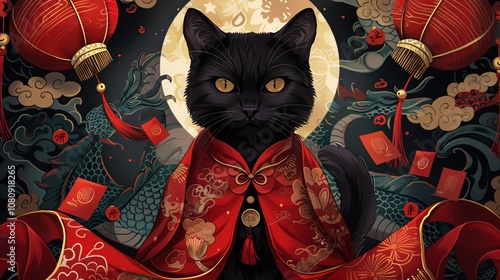 Ornate Black Cat in Traditional Asian Style Celebrating Lunar New Year with Red Gold and Auspicious Symbols like Lanterns Clouds and Pagodas photo