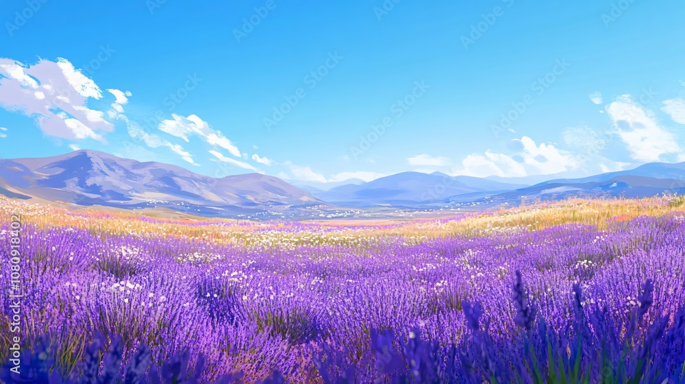 Lavender Field Under Blue Sky with Mountains in the Background Lavender Field Under Blue Sky with Mountains in the Background