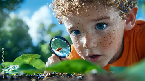 Young boy discovering nature's wonders with a magnifying glass while observing insects in the garden