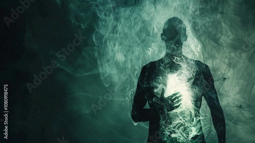 Striking silhouette figure emerging from a shroud of mystical smoky mist radiating an aura of supernatural energy and spiritual power This captivating