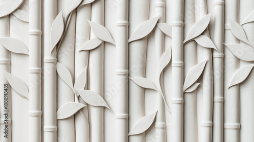 Abstract white bamboo and leaves textured background with vertical alignment