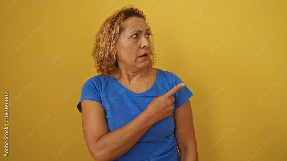 Middle-aged woman pointing and looking concerned against a yellow background, wearing a blue shirt. Middle-aged woman pointing and looking concerned against a yellow background, wearing a blue shirt.