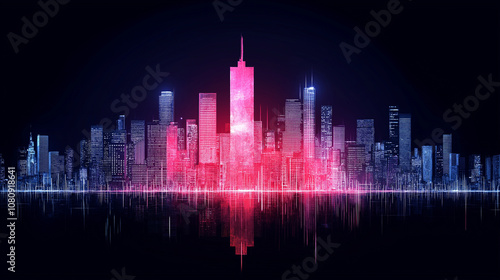 Neon Cityscape: A futuristic metropolis, bathed in vibrant neon lights, reflects the energy and dynamism of modern urban life. The shimmering skyline, a testament to human ambition. photo