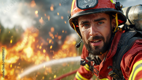 Firefighter courageously aims water hose at intense flames to combat wildfire threats photo