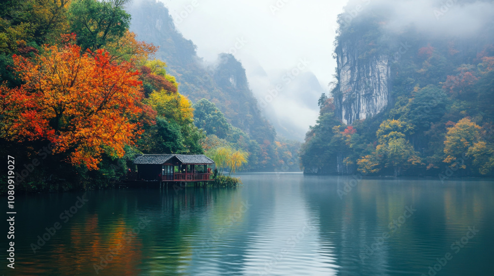 Fototapeta premium Autumn tranquility at a serene lake surrounded by misty mountains and colorful trees in a peaceful location
