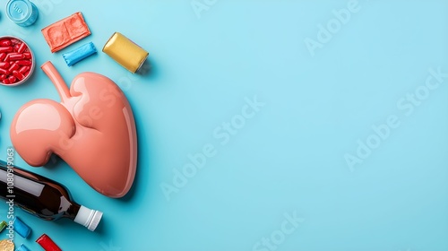 An artistic arrangement of kidney-shaped objects alongside colorful pills and bottles on a blue background, emphasizing health and wellness themes.