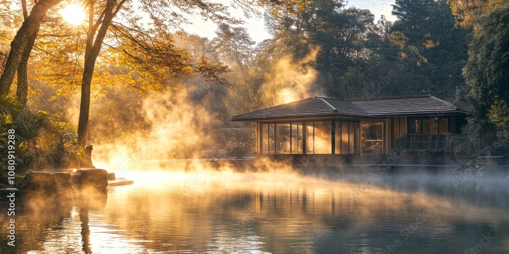 Obraz premium A serene morning scene by the water. Soft sunlight bathes a peaceful cabin surrounded by trees. Mist lingers over the calm water surface. Perfect for relaxation and nature lovers. AI