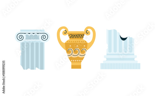 Collection of ancient Greek symbols and artifacts columns, amphorae, busts, laurel wreaths, lyre. Flat vector illustration isolated on background. Greek culture and history architecture