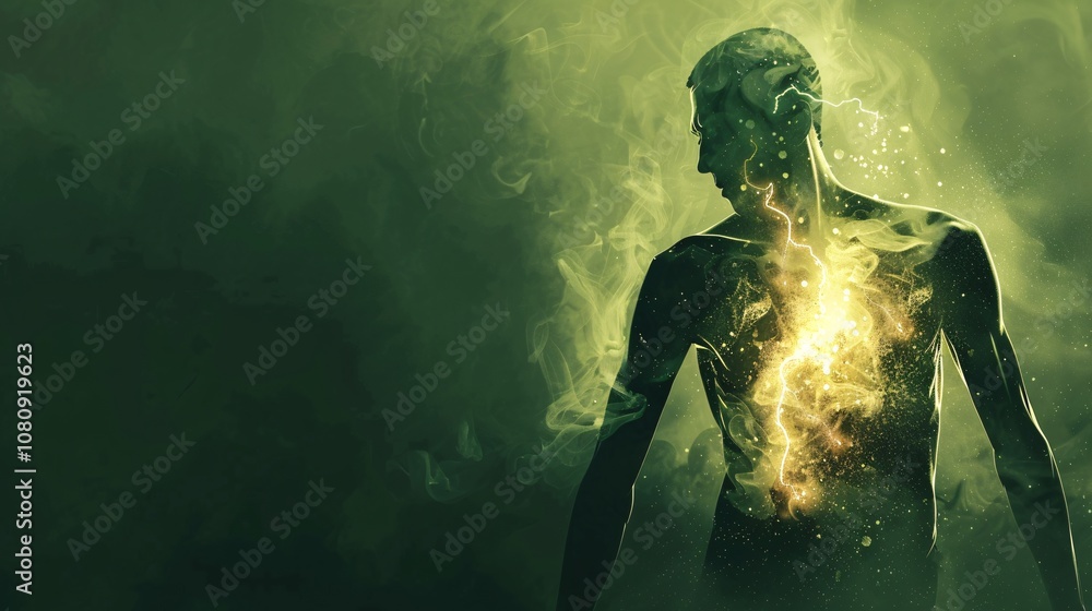 of a glowing ethereal figure surrounded by swirling smoky energy and a dark mysterious green environment conveying a sense of magical supernatural transformation and power of a glowing ethereal figure surrounded by swirling smoky energy and a dark mysterious green environment conveying a sense of magical supernatural transformation and power