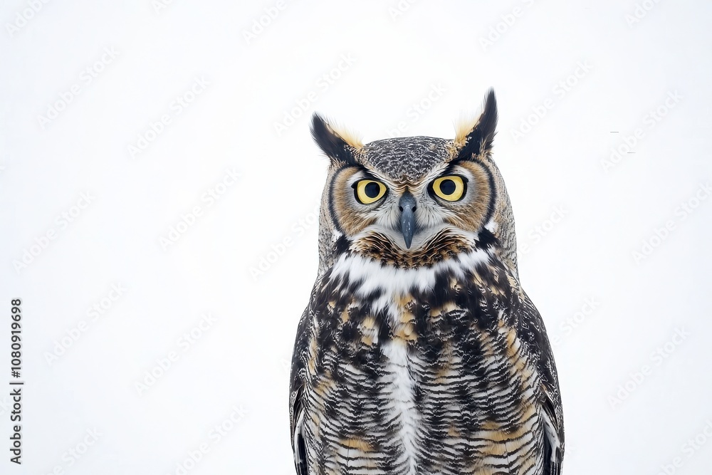 Obraz premium great horned owl on branch with half body on white