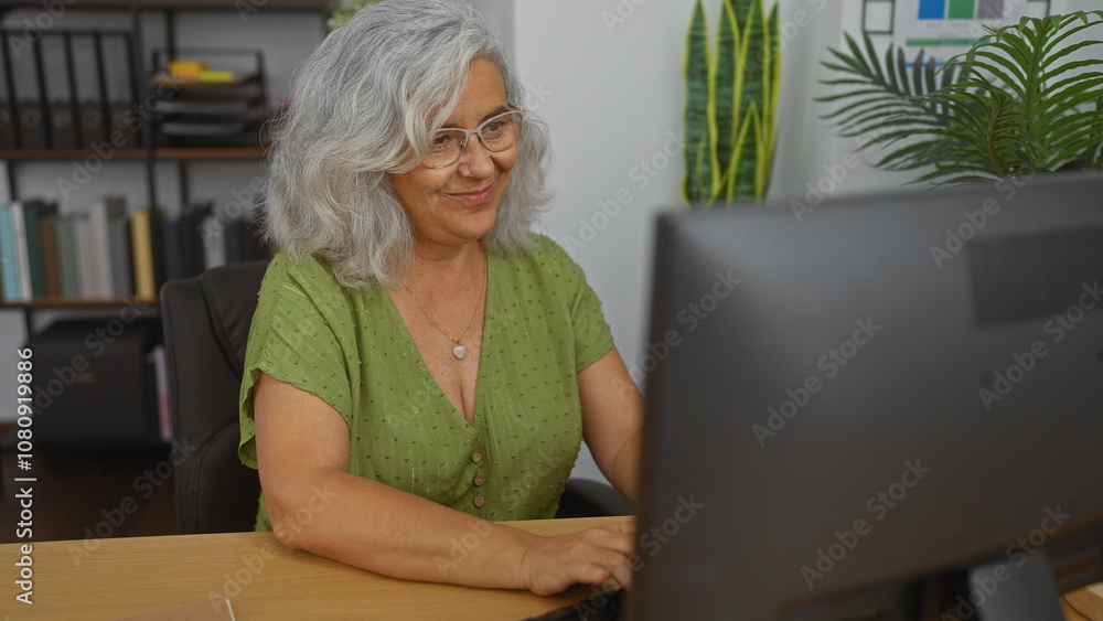 Elderly woman working on computer in an office room, depicting a mature, grey-haired, beautiful female immersed in a workplace environment indoors. Elderly woman working on computer in an office room, depicting a mature, grey-haired, beautiful female immersed in a workplace environment indoors.