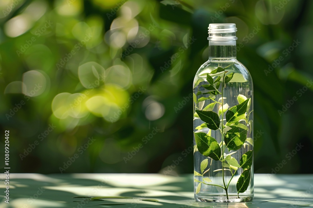 Transparent glass bottle filled with clear liquid and fresh green leaves surrounded by lush foliage in a natural outdoor setting Concept of purity wellness and healthy lifestyle Transparent glass bottle filled with clear liquid and fresh green leaves surrounded by lush foliage in a natural outdoor setting Concept of purity wellness and healthy lifestyle