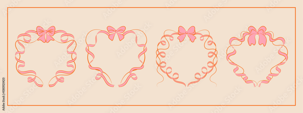 Set of hand drawn minimalist lace ribbons frame with bow knots. Vintage coquette Lolita style, heart shaped valentine frame. Perfect for poster, greeting cards, wedding invitations, branding, logo. Set of hand drawn minimalist lace ribbons frame with bow knots. Vintage coquette Lolita style, heart shaped valentine frame. Perfect for poster, greeting cards, wedding invitations, branding, logo.