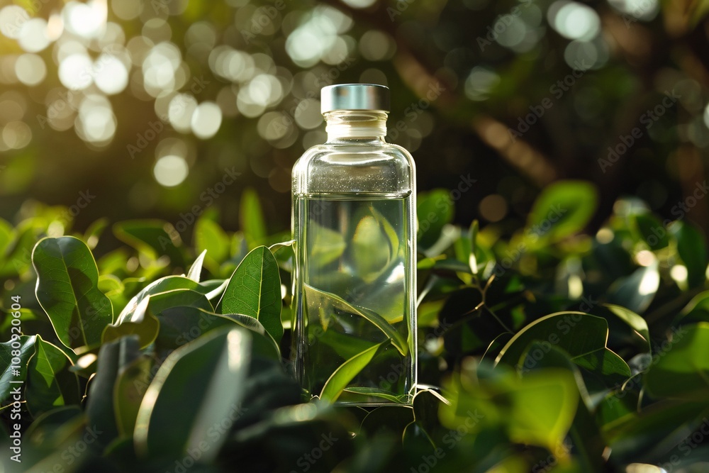 Transparent glass bottle partially submerged in a lush verdant garden setting with blurred out of focus leaves and plant life surrounding it creating a serene natural and eco friendly atmosphere Transparent glass bottle partially submerged in a lush verdant garden setting with blurred out of focus leaves and plant life surrounding it creating a serene natural and eco friendly atmosphere