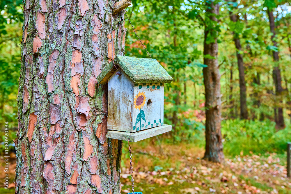 Quaint Sunflower Birdhouse in Lush Ohio Forest Close-Up Quaint Sunflower Birdhouse in Lush Ohio Forest Close-Up