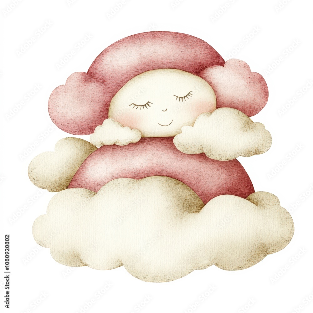 Fototapeta premium A whimsical illustration of a serene figure nestled in fluffy clouds, radiating calm and comfort, Ideal for children's book covers, nursery decor, or calming design projects,