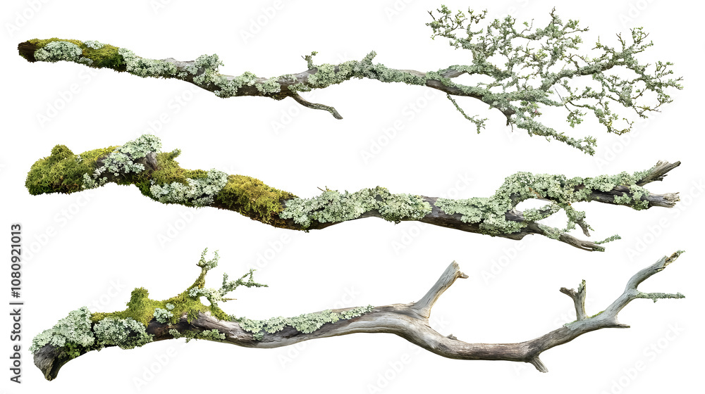 Εκτύπωση καμβά Set of a branch of tree covered in lichen and moss on a transparent background