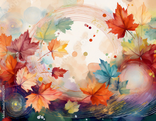 円の重なりに紅葉や楓の葉を取り入れ、秋の風情を感じさせるデザイン　透明感のある色合いで、深みと温かみを表現した伝統的な模様が重なり合う多角的な背景イメージ