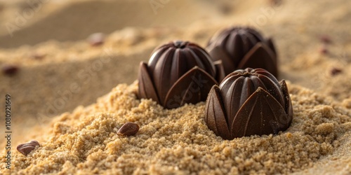 A closeup view featuring whole dark brown bly flower buds with a shiny surface nestled against a backdrop of co sandy grains evoking a sense of earthiness and warmth. photo