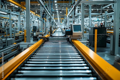 Automated conveyor belt system in a modern factory during daylight