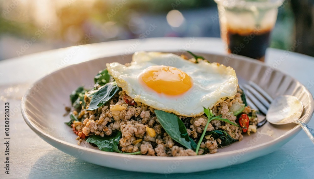 Phat Kaphrao Stir-Fried Minced Pork with Holy Basil and Fried Egg, Served in a Street Food Style Setting with Bold Flavors and a Casual Thai Vibe Phat Kaphrao Stir-Fried Minced Pork with Holy Basil and Fried Egg, Served in a Street Food Style Setting with Bold Flavors and a Casual Thai Vibe