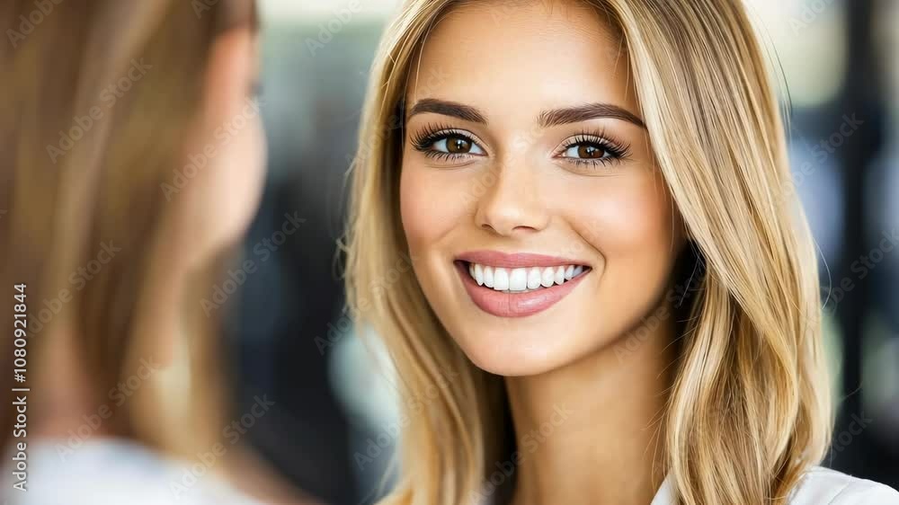 A woman with long, blonde hair smiles brightly while talking to someone off-camera A woman with long, blonde hair smiles brightly while talking to someone off-camera