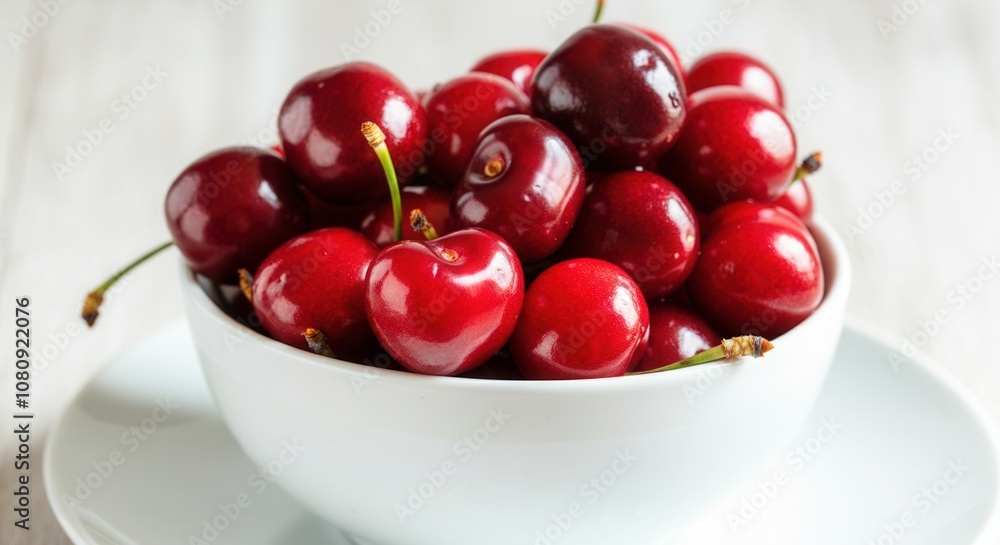 Fresh red cherries in white bowl on wooden table Fresh red cherries in white bowl on wooden table