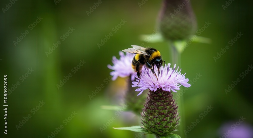 Serene bumblebee pollinating purple wildflower in nature