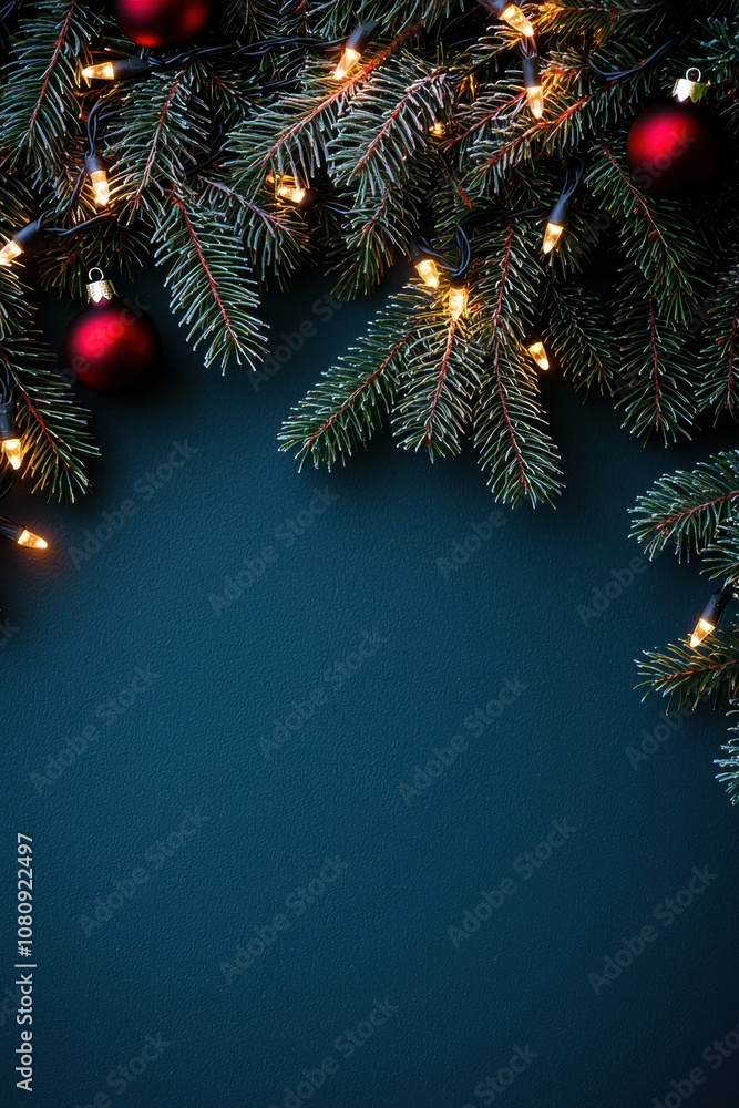A festive arrangement of green pine branches adorned with red ornaments and warm twinkling lights against a dark blue background, evoking holiday cheer. A festive arrangement of green pine branches adorned with red ornaments and warm twinkling lights against a dark blue background, evoking holiday cheer.