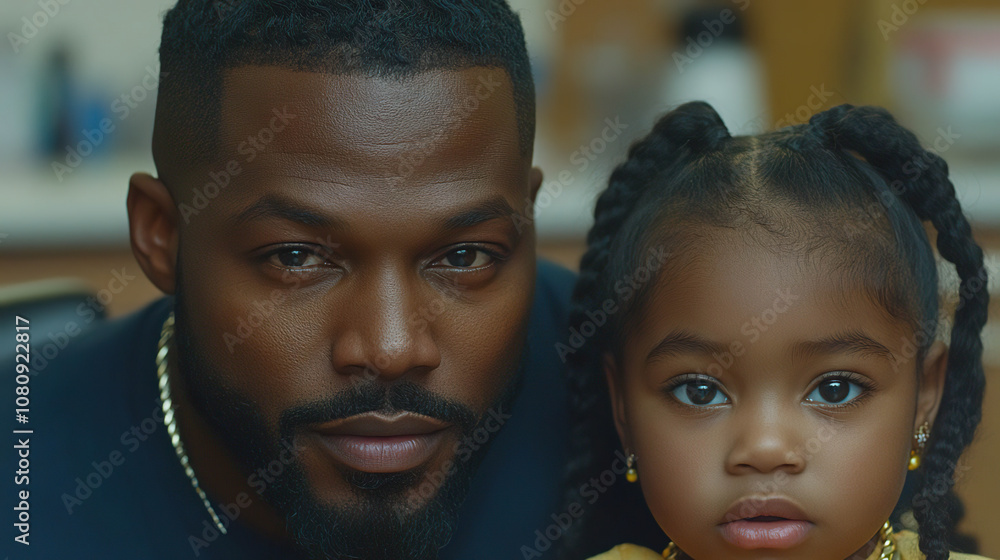 Father and daughter close-up portrait, both with intense gaze. AI-generated. Father and daughter close-up portrait, both with intense gaze. AI-generated.