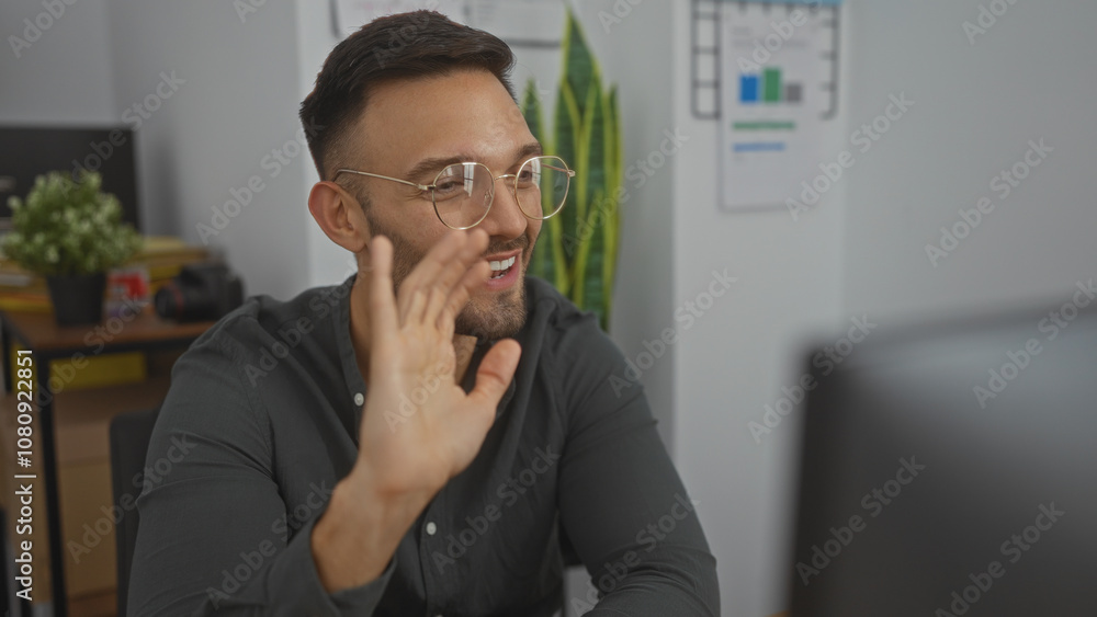 Young hispanic man with beard and glasses in an office workplace, waving and smiling during a video call, with charts and green plant in the background. Young hispanic man with beard and glasses in an office workplace, waving and smiling during a video call, with charts and green plant in the background.