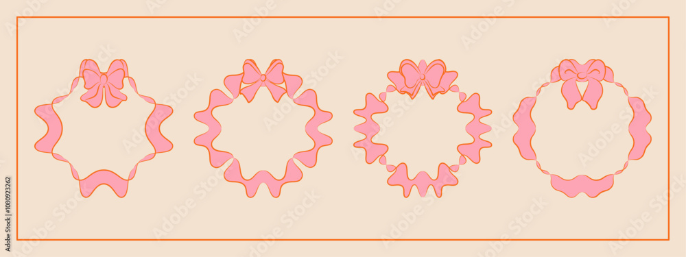 Set of hand drawn minimalist lace ribbons frame with bow knots. Vintage coquette Lolita style, valentine inspired. Perfect for poster, greeting cards, wedding invitations, branding, logo, tattoo.