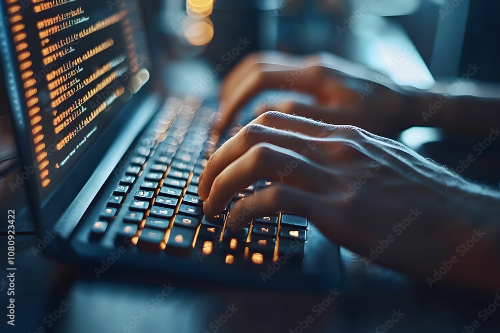 Hands typing code on a backlit laptop in a dimly lit workspace Hands typing code on a backlit laptop in a dimly lit workspace
