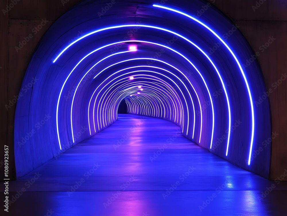 An illuminated tunnel with blue neon lights. An illuminated tunnel with blue neon lights.