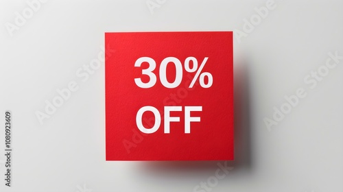 White '30% OFF' Text on a Red Square Paper Note. White Background with Copy Space