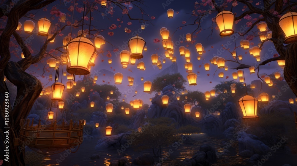 Sky Filled with Glowing Lanterns at Celebration. Sky Filled with Glowing Lanterns at Celebration.
