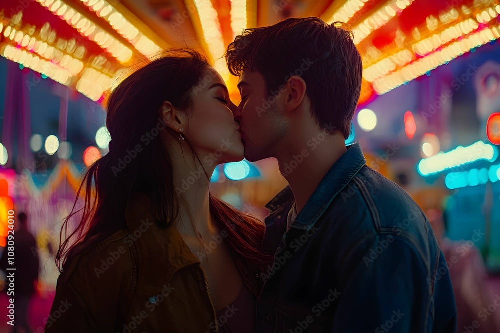 Young couple sharing a romantic kiss at a carnival at night Young couple sharing a romantic kiss at a carnival at night