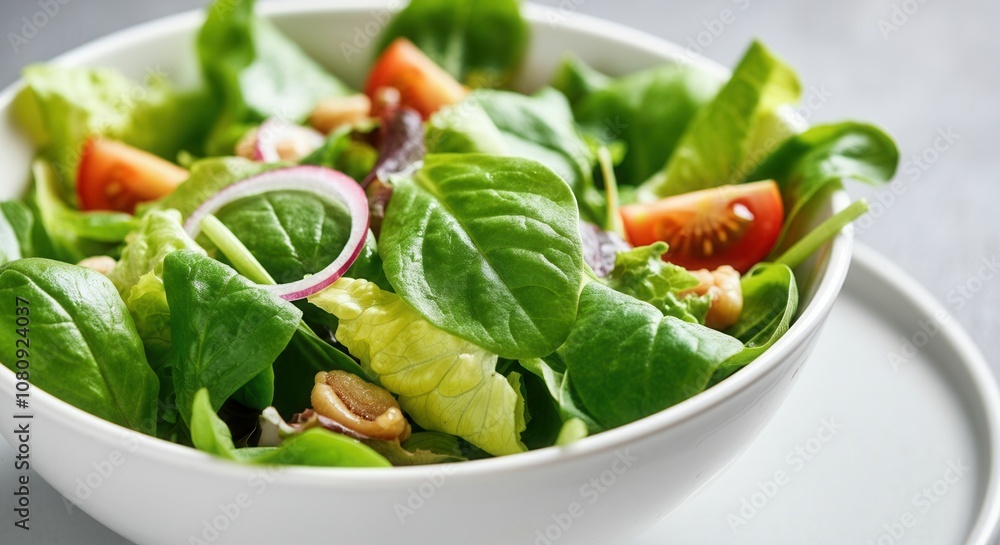 Fresh garden salad in white bowl on tabletop Fresh garden salad in white bowl on tabletop